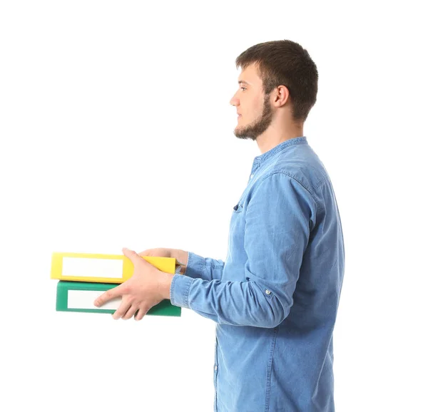 Young Man Folders White Background — Stock Photo, Image