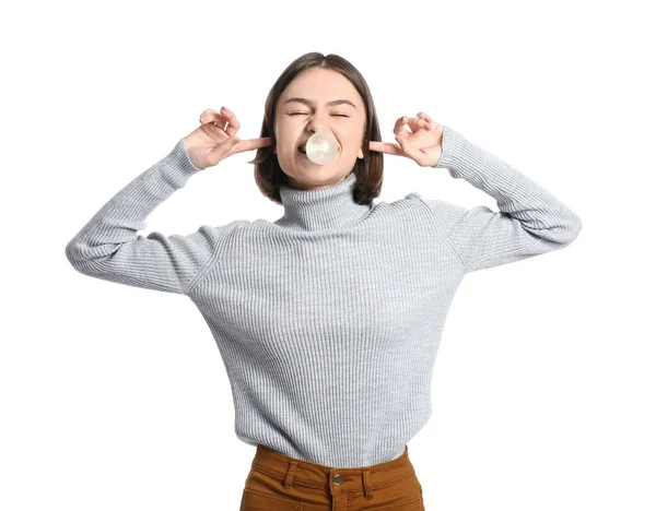 Funny Young Woman Chewing Gum White Background — Foto Stock