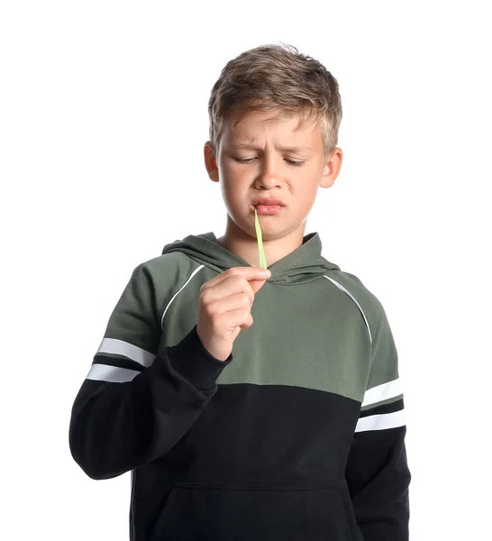 Displeased Little Boy Hoodie Chewing Gum White Background — Stock Photo, Image