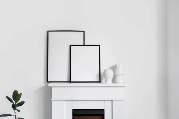 Fireplace Blank Poster Frames Light Bedroom — Stock Photo, Image