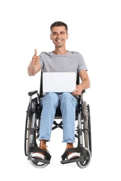 Young Man Wheelchair Using Laptop Showing Thumb White Background — Zdjęcie stockowe