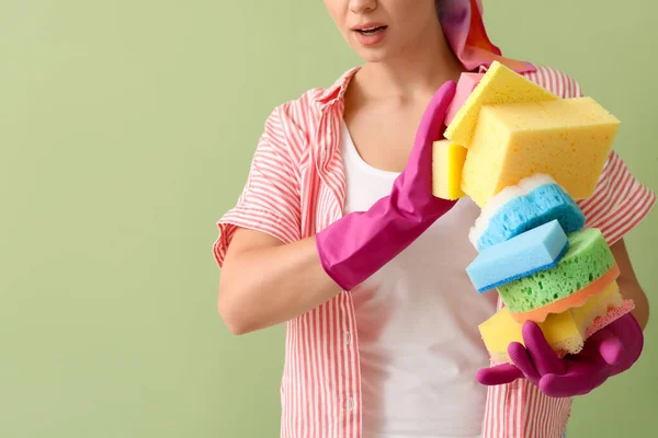 Young Woman Many Sponges Color Background — Stock Photo, Image