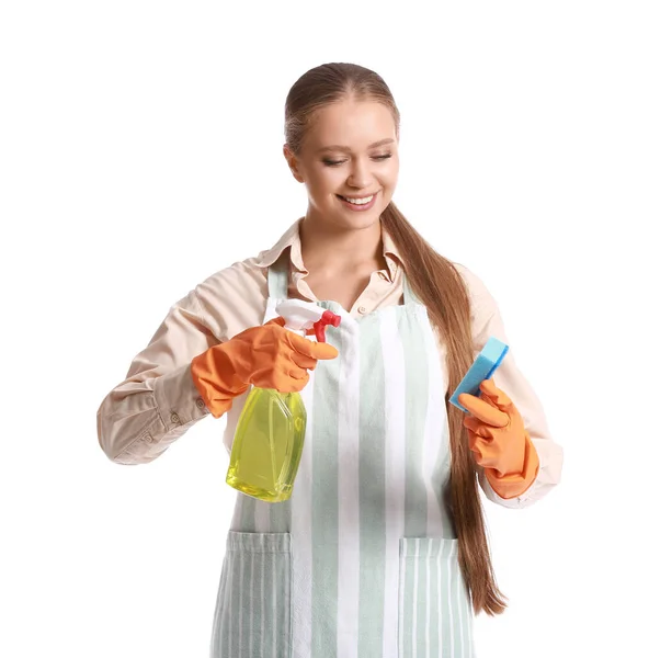 Młoda Kobieta Gąbką Detergentem Białym Tle — Zdjęcie stockowe