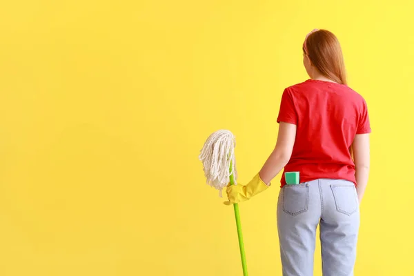Young Woman Sponge Floor Mop Color Background — Zdjęcie stockowe