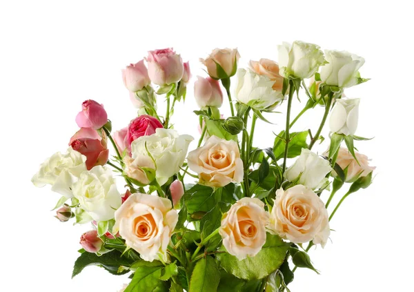 Buquê Belas Rosas Frescas Fundo Branco — Fotografia de Stock