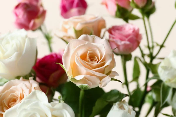 Bouquet Beautiful Roses Beige Background Closeup — стоковое фото