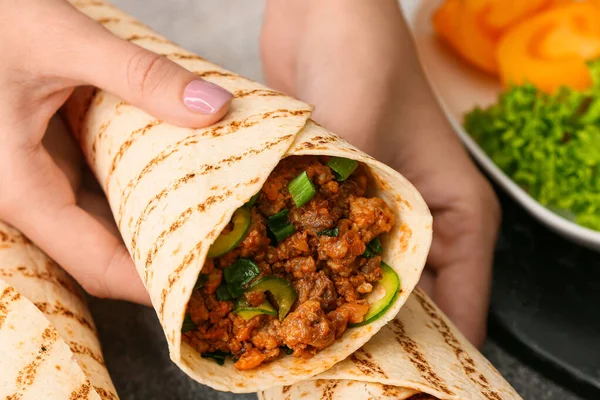 Woman Holding Tasty Burrito Table Closeup — Stockfoto