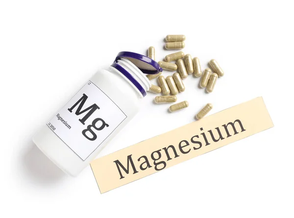 Bottle Pills Word Magnesium Isolated White Background — Stockfoto