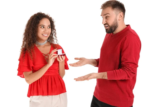 Young Woman Proposing Her Displeased Boyfriend White Background — Stock Photo, Image