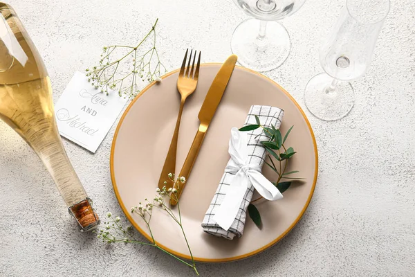 Beautiful Table Setting Wedding Invitation Bottle Champagne Light Background — Foto Stock