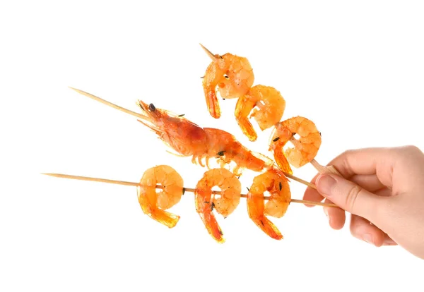 Woman Holding Grilled Shrimp Skewers White Background — стоковое фото