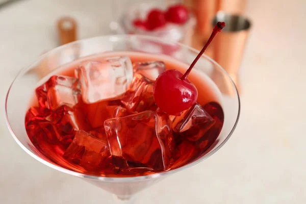 Glass Iced Manhattan Cocktail Cherry Light Background Closeup — стоковое фото