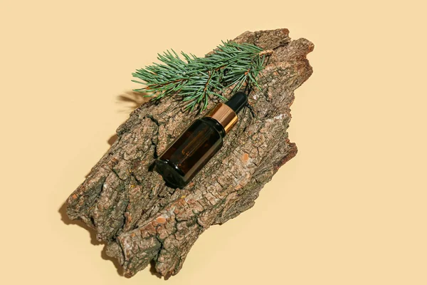 Bottle Essential Oil Tree Bark Fir Branch Color Background — Stock Photo, Image