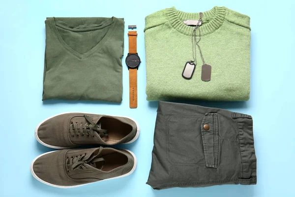 Male Clothes Shoes Wristwatch Color Background — Fotografia de Stock