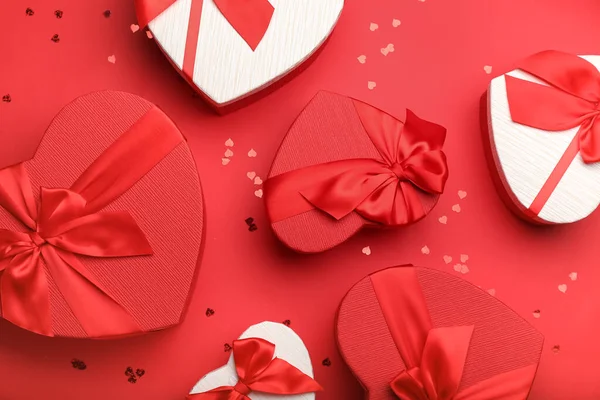 Gift Boxes Valentine Day Confetti Red Background — Fotografia de Stock