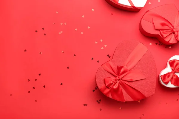 Gift Boxes Valentine Day Confetti Red Background — Stock Fotó