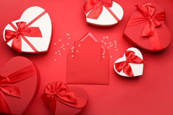 Gift Boxes Valentine Day Envelope Red Background — Stock Fotó