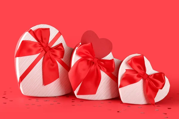 Gift Boxes Valentine Day Red Background — Stock Photo, Image