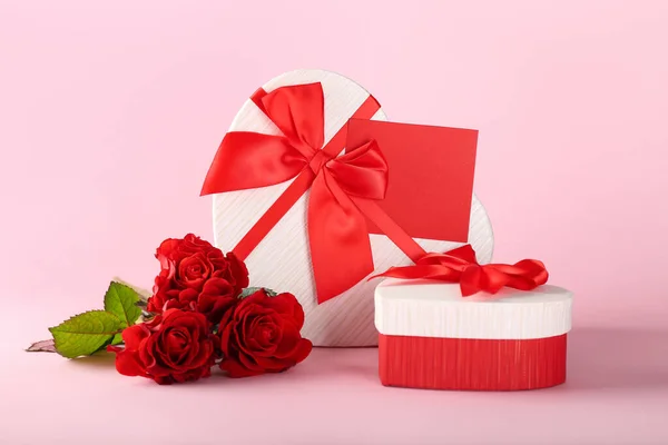 Gift Boxes Valentine Day Roses Pink Background — Stock Photo, Image
