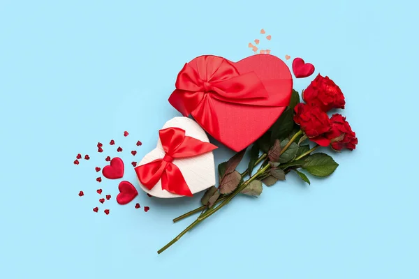 Gift Boxes Valentine Day Roses Blue Background — Stock Photo, Image