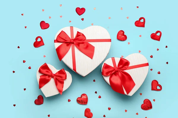 Gift Boxes Valentine Day Blue Background — Stock Fotó