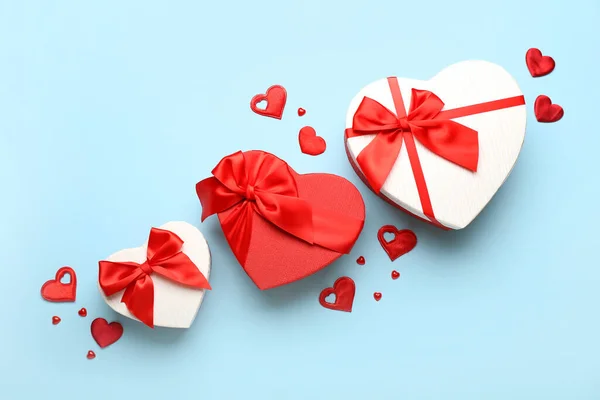 Gift Boxes Valentine Day Blue Background — Foto Stock