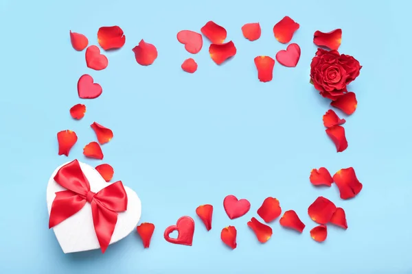 Frame Made Gift Box Valentine Day Rose Petals Blue Background — Foto Stock