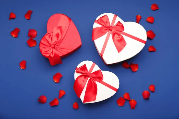 Gift Boxes Valentine Day Rose Petals Blue Background — Stockfoto