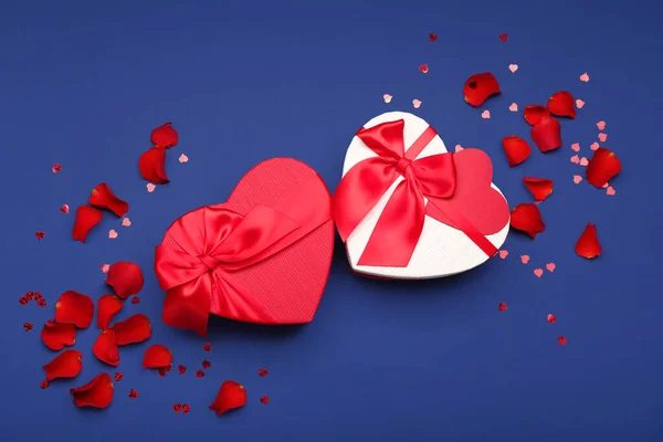 Gift Boxes Valentine Day Rose Petals Blue Background — Fotografia de Stock