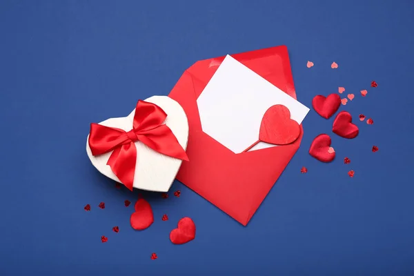 Gift Box Valentine Day Envelope Blue Background — стокове фото