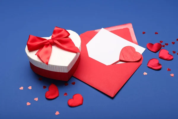 Gift Box Valentine Day Envelope Blue Background — 스톡 사진