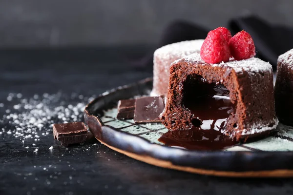 Plate Tasty Lava Cake Fondant Raspberry Dark Background Closeup — Stockfoto