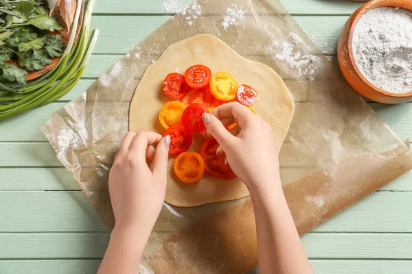 Woman Preparing Tasty Tomato Galette Table — Stockfoto