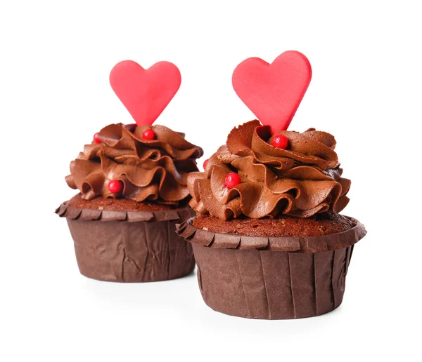 Tasty Chocolate Cupcakes Valentine Day White Background — Stock Photo, Image