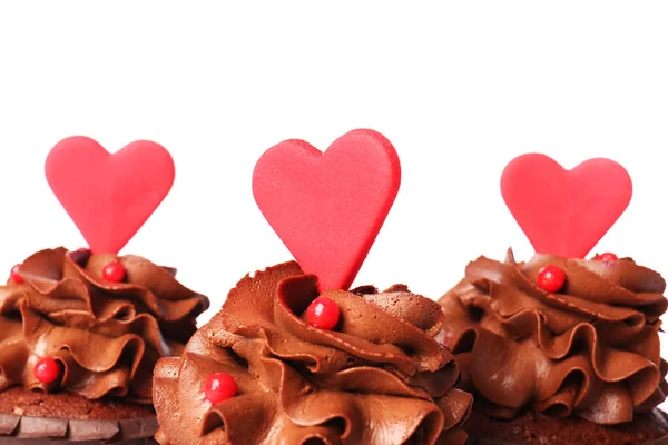 Tasty Chocolate Cupcakes Valentine Day White Background Closeup — Stock Photo, Image