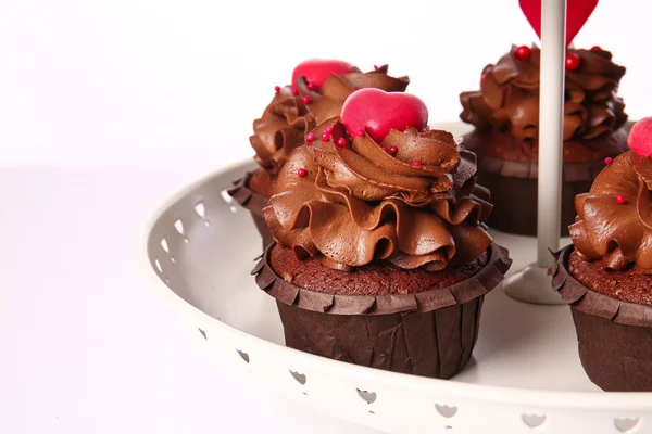 Stand Tasty Chocolate Cupcakes Valentine Day White Background Closeup — Stock Photo, Image