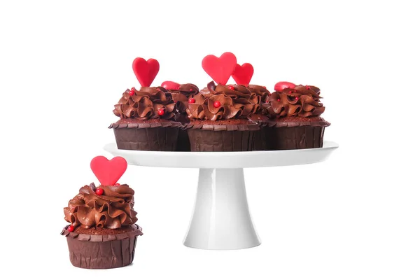 Stand Tasty Chocolate Cupcakes Valentine Day White Background — Stock Photo, Image