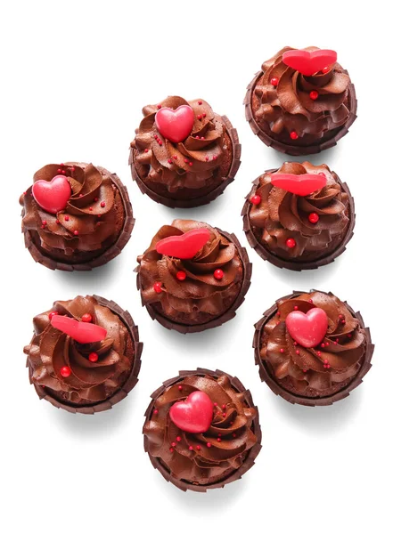 Sabrosos Cupcakes Chocolate Para Día San Valentín Sobre Fondo Blanco — Foto de Stock