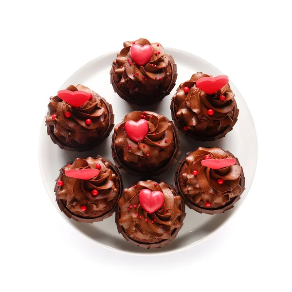 Plate Tasty Chocolate Cupcakes Valentine Day White Background — Stock Photo, Image