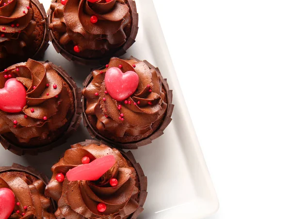Plate Tasty Chocolate Cupcakes Valentine Day White Background Closeup — Foto de Stock