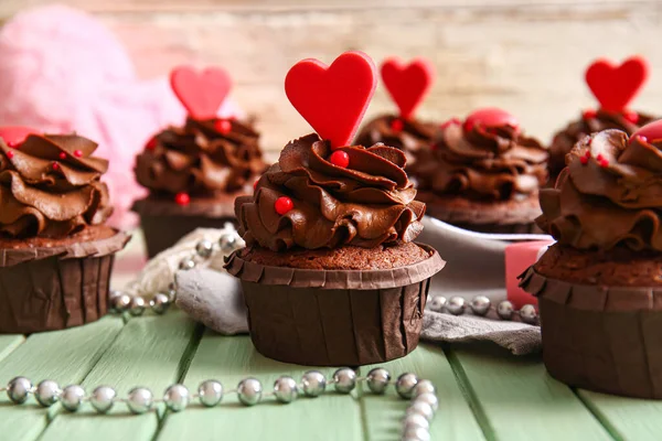 Tasty Chocolate Cupcakes Valentine Day Wooden Table Closeup — Stock fotografie