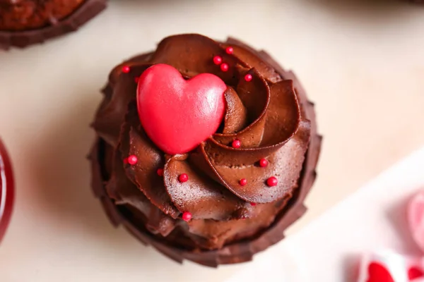 Tasty Chocolate Cupcake Valentine Day Light Background Closeup — Stock Photo, Image
