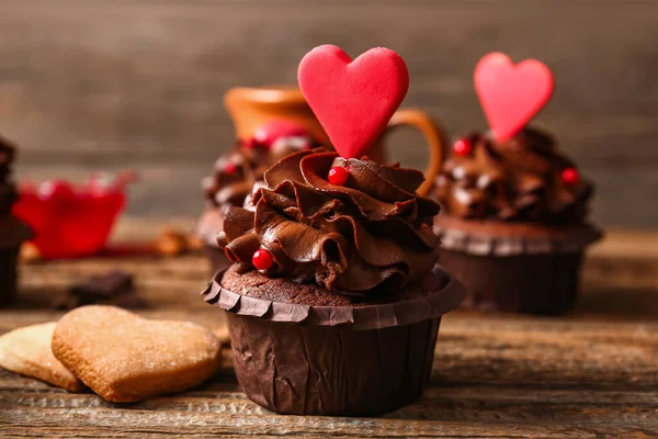 Tasty Chocolate Cupcake Valentine Day Wooden Table Closeup — Stockfoto