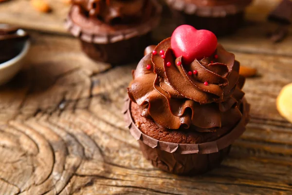 Tasty Chocolate Cupcake Valentine Day Wooden Table Closeup — Stockfoto