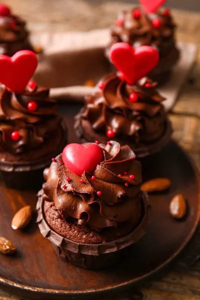 Plate Tasty Chocolate Cupcakes Valentine Day Almond Table Closeup — Zdjęcie stockowe