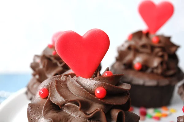 Tasty Chocolate Cupcake Valentine Day Table Closeup — Stock Photo, Image