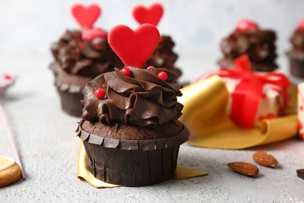 Tasty Chocolate Cupcake Valentine Day Light Background Closeup — Stock Photo, Image