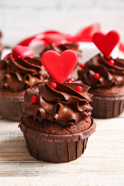 Tasty Chocolate Cupcake Valentine Day Light Wooden Table Closeup — Stock Photo, Image