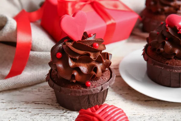 Tasty Chocolate Cupcake Valentine Day Light Wooden Table Closeup — Foto de Stock