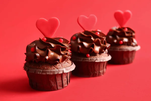 Tasty Chocolate Cupcakes Valentine Day Red Background — Stock Photo, Image